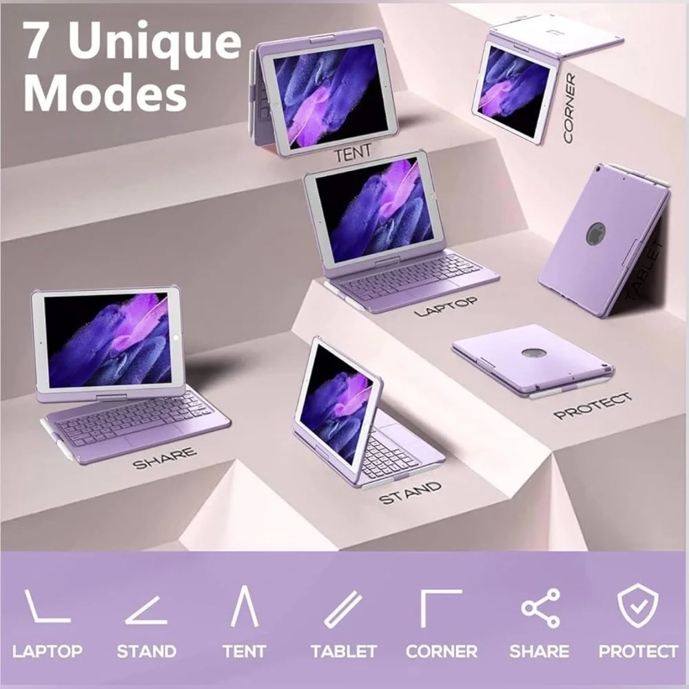 iPad 10.2 Keyboard Case 7th 8th 9th Gen Trackpad 360° Purple